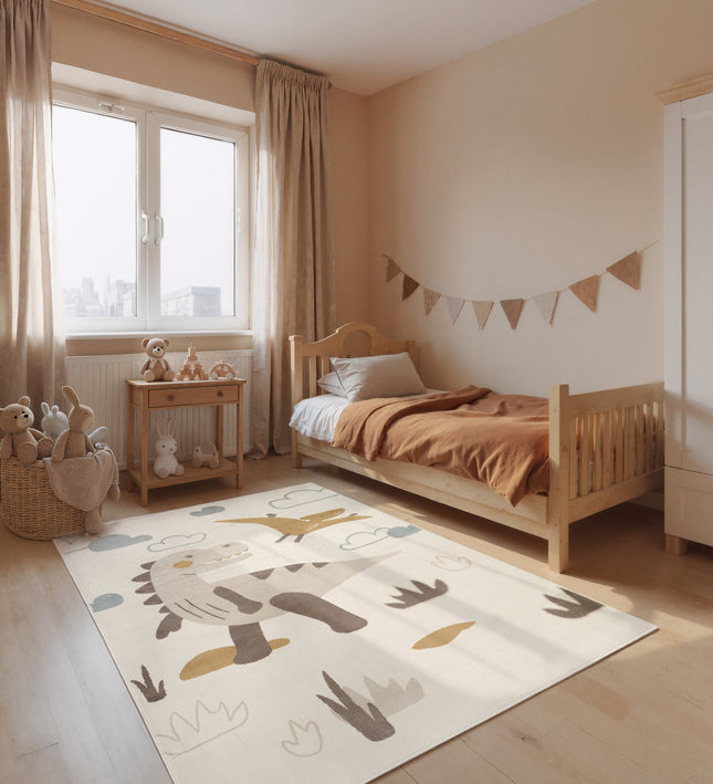 Vloerkleed Kids Dino Rechthoekig - Creme Multicolor