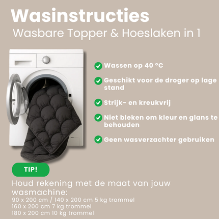 Wasbare Topper & Hoeslaken in 1 – Ultiem Slaapcomfort - Antraciet