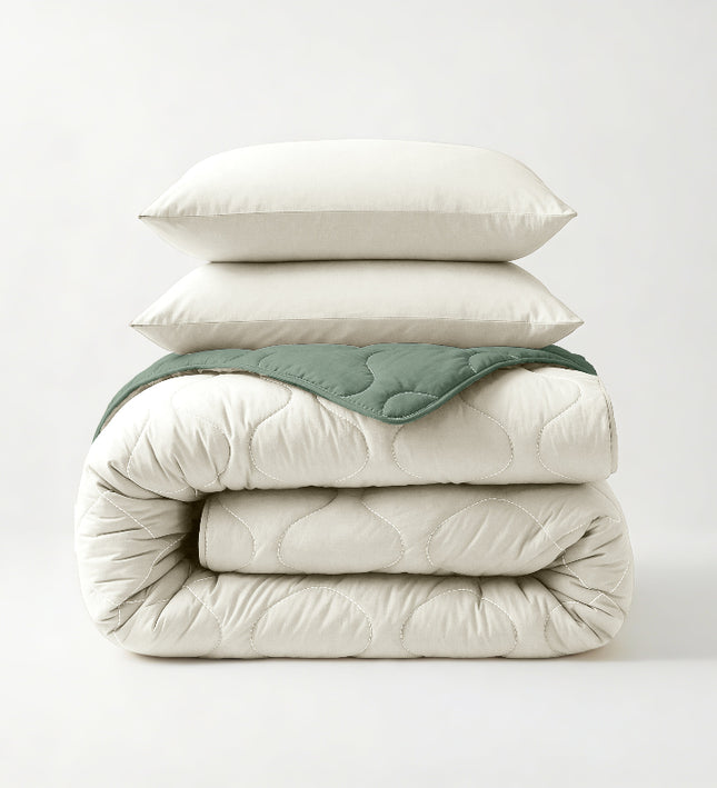 Lazy Dekbed Zonder Overtrek - Crème/Groen