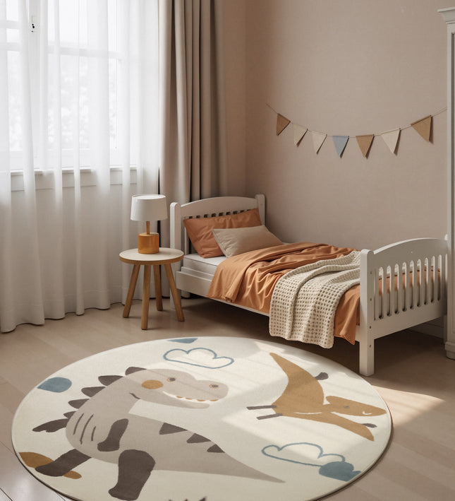 Vloerkleed Dino Rond - Creme Multicolor