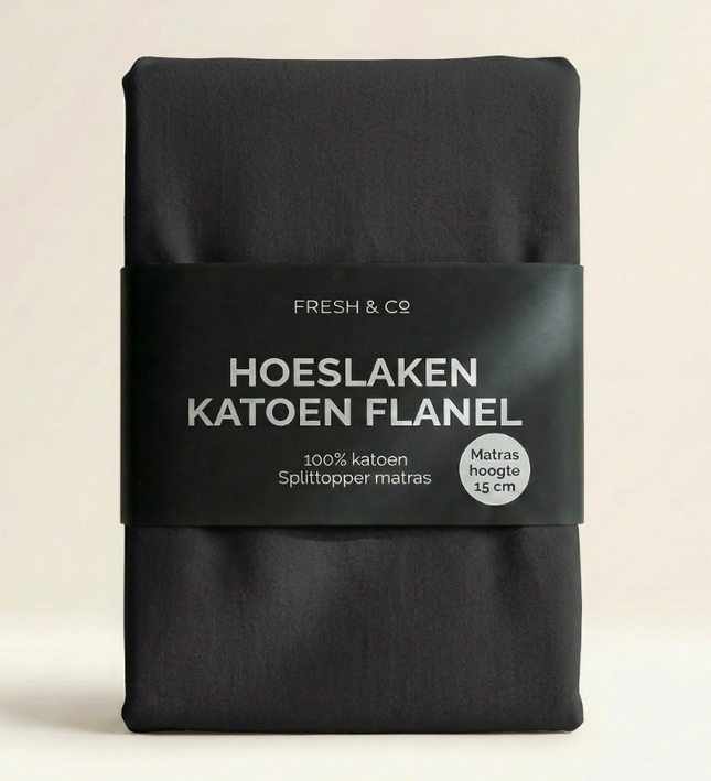 Splittopper Hoeslaken Katoen Flanel - Zwart