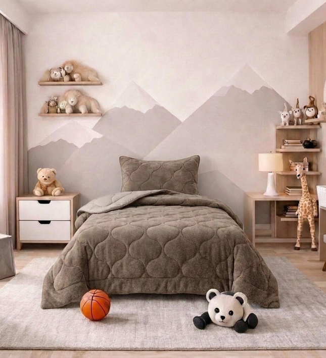 Kids Lazy Dekbed Zonder Overtrek - Teddy - Taupe/Grijs