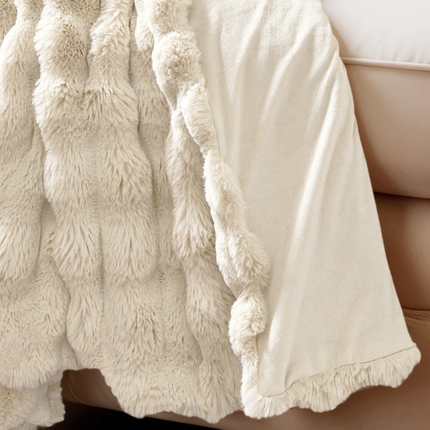 Plaid Pom Rabbit Fur - Beige