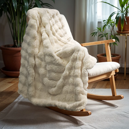 Plaid Pom Rabbit Fur - Beige