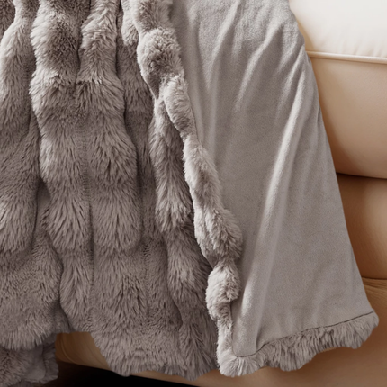Plaid Pom Rabbit Fur - Taupe/Rose