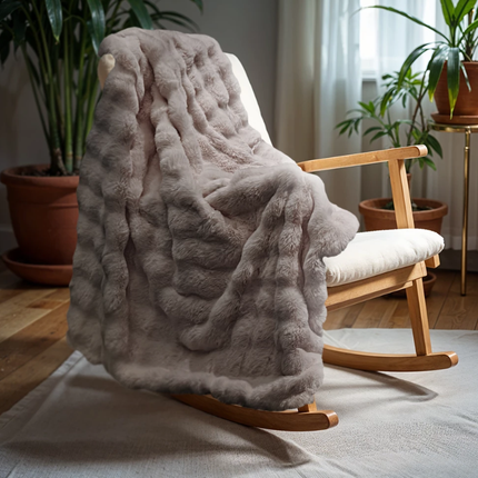 Plaid Pom Rabbit Fur - Taupe/Rose