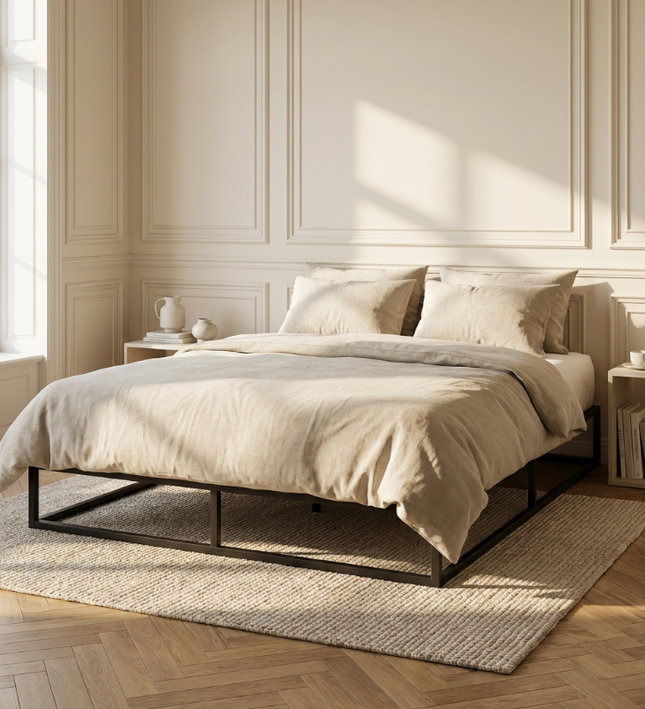 Luxe metalen bedframe Zydante, sfeerbeeld in lichte slaapkamer