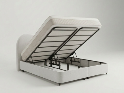 Boxspring Dreamhouse Arcus met opbergruimte in off-white, driekwart geopend