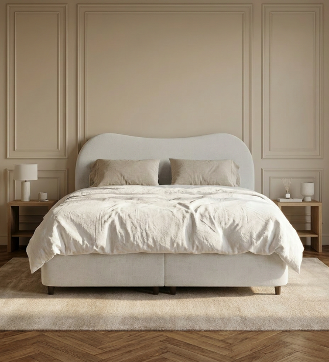 Boxspring Dreamhouse Arcus met opbergruimte in off-white, sfeerbeeld slaapkamer