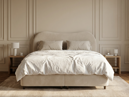 Boxspring Dreamhouse Arcus met opbergruimte in beige Marbella stof, sfeerbeeld slaapkamer