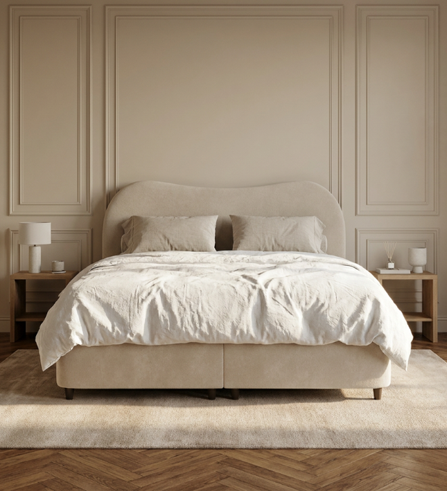 Boxspring Dreamhouse Arcus met opbergruimte in beige Marbella stof, sfeerbeeld slaapkamer