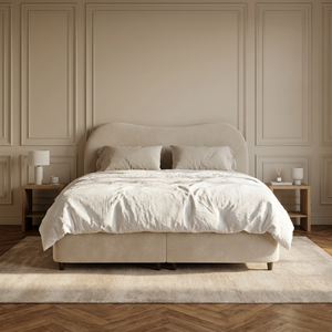 Boxspring Dreamhouse Arcus met opbergruimte in beige Marbella stof, sfeerbeeld slaapkamer