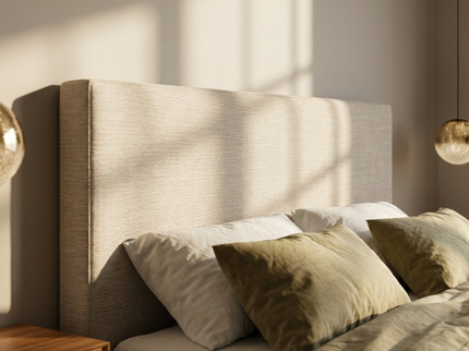 Boxspring Julia met opbergruimte in beige, hoofdbord in warm licht