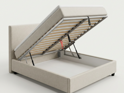 Boxspring Julia met opbergruimte in beige, driekwart geopend