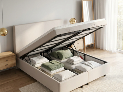Boxspring Julia met opbergruimte in beige, geopend met inhoud
