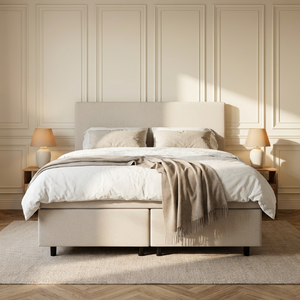 Boxspring Julia met opbergruimte in beige, sfeerbeeld klassieke slaapkamer