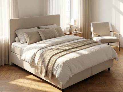 Boxspring Julia met opbergruimte in beige, sfeerbeeld bij raam met stoel