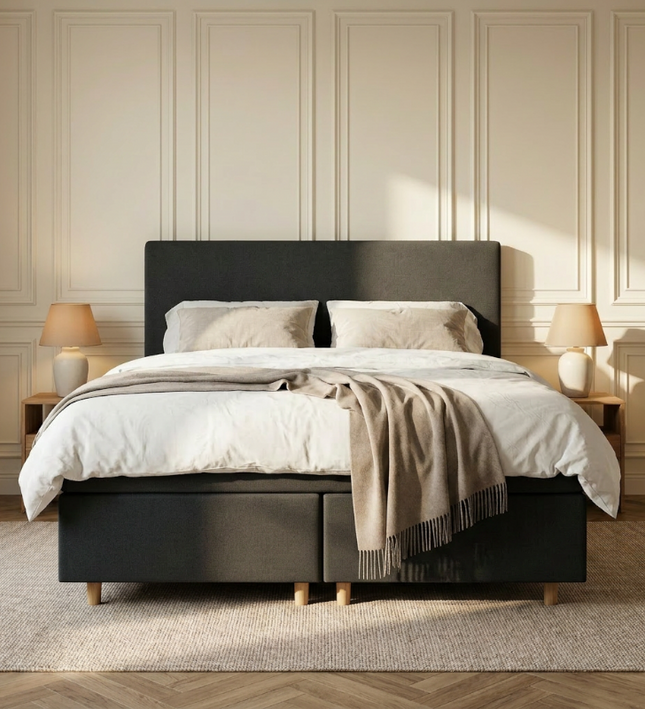 Boxspring Julia met opbergruimte in zwart, sfeerbeeld slaapkamer