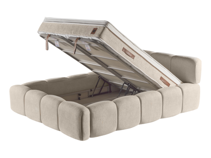 Boxspring Ostuni met opbergruimte in beige, driekwart geopend