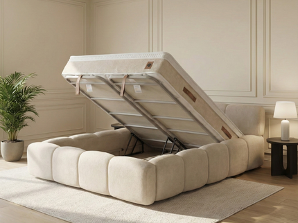 Boxspring Ostuni met opbergruimte in beige, geopend in slaapkamer