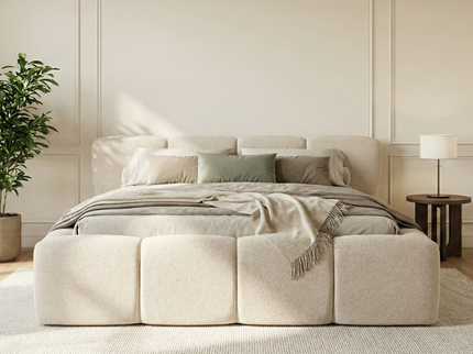 Boxspring Ostuni met opbergruimte in beige, sfeerbeeld slaapkamer