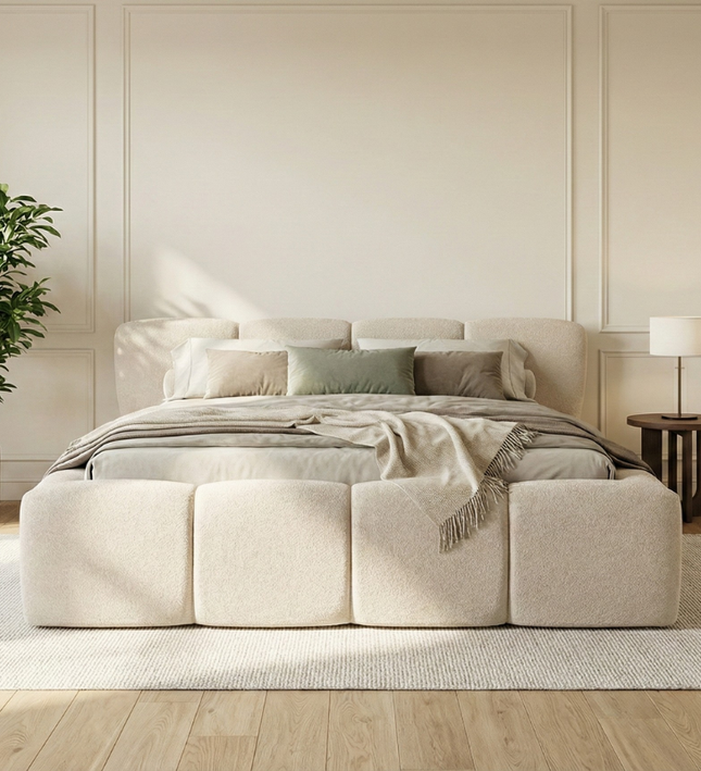 Boxspring Ostuni met opbergruimte in beige, sfeerbeeld slaapkamer