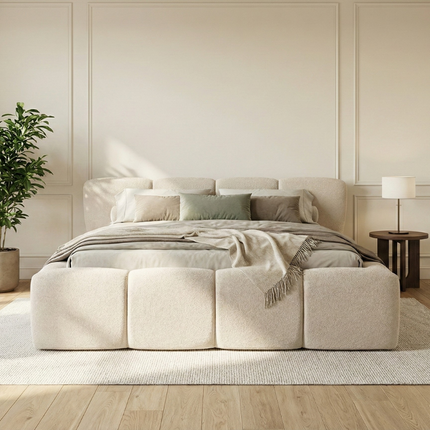 Boxspring Ostuni met opbergruimte in beige, sfeerbeeld slaapkamer