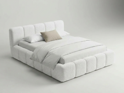 Boxspring Palermo met opbergruimte in crème, driekwart aanzicht met beddengoed