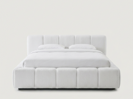 Boxspring met opbergruimte Palermo in crème boucléstof, vooraanzicht in studio 