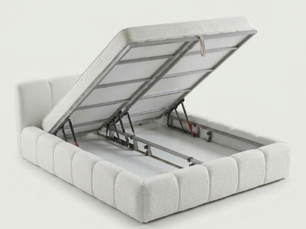 Boxspring Palermo in crème, opbergruimte geopend met zichtbaar mechanisme in studio