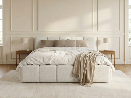 Boxspring met opbergruimte Palermo in cremé boucléstof, sfeerbeeld in klassieke slaapkamer