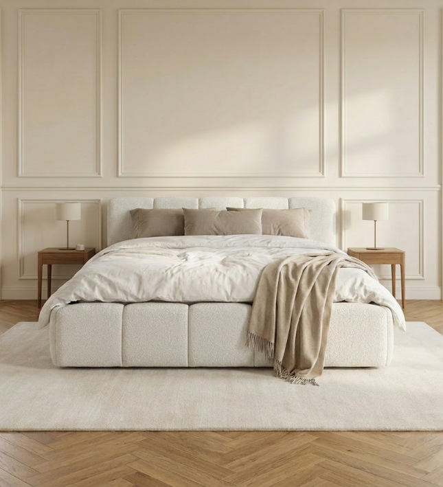 Boxspring met opbergruimte Palermo in cremé boucléstof, sfeerbeeld in klassieke slaapkamer