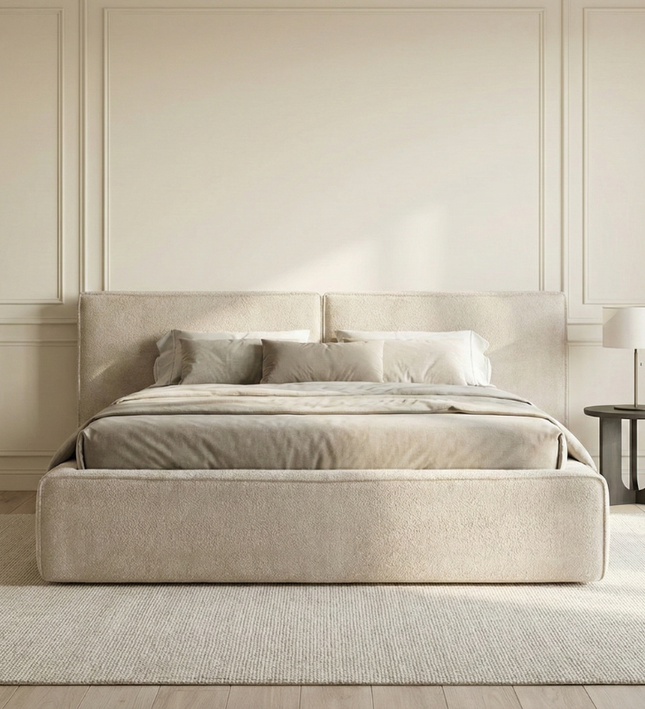 Boxspring Salerno met opbergruimte in crème, sfeerbeeld slaapkamer