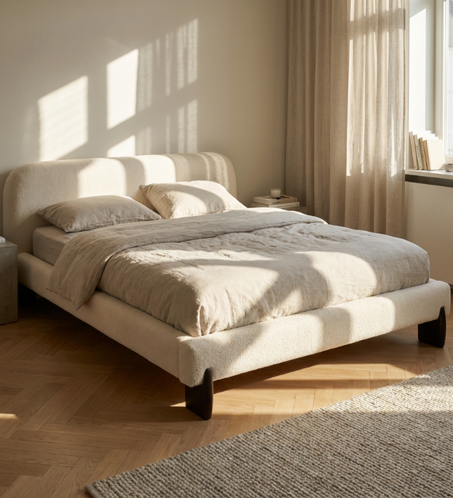 Boxspring Suki Japandi in beige bouclé stof in een lichte slaapkamer met houten vloer