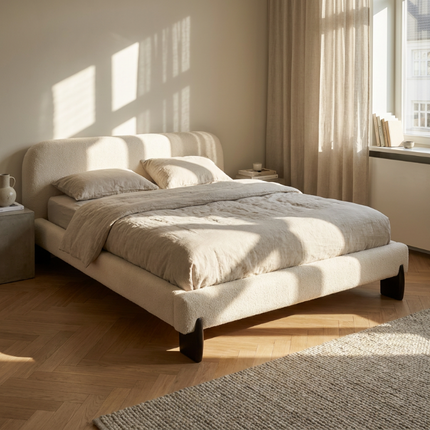 Boxspring Suki Japandi in beige bouclé stof in een lichte slaapkamer met houten vloer