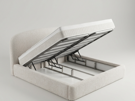 Geopende opbergruimte van het Elena bed met metalen frame
