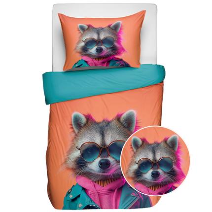 Fresh and Co  Kids Dekbedovertrek Katoen - Animal Couture  - Racoon