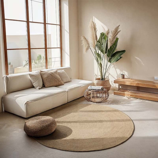 Ripaz Vouge jute vloerkleed beige met zwarte rand handgevlochten cirkelontwerp rond tapijt voor woonkamer (150 x 150 cm rond