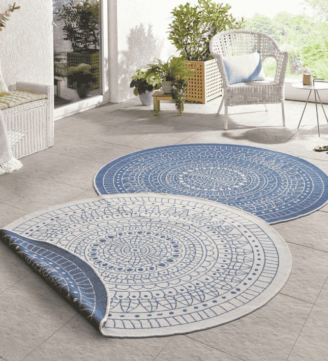 NORTHRUGS Dubbelzijdig Buitenkleed Porto Rond - Blauw/Creme