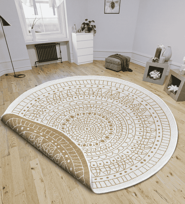 NORTHRUGS Dubbelzijdig Buitenkleed Porto Rond - Okergeel / Wit