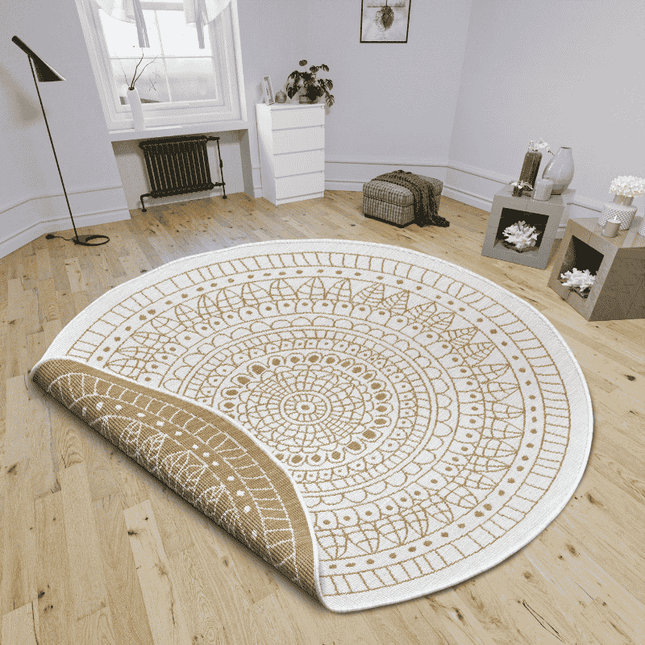 NORTHRUGS Dubbelzijdig Buitenkleed Porto Rond - Okergeel / Wit