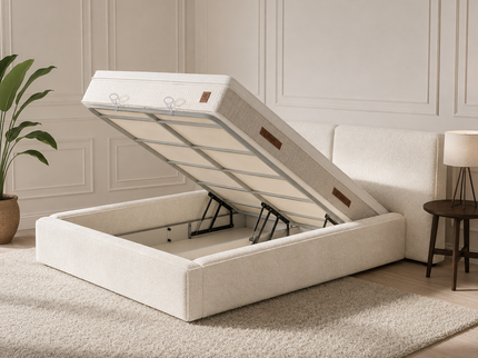 Geopende opbergruimte van de Salerno Off White boxspring in slaapkamer setting