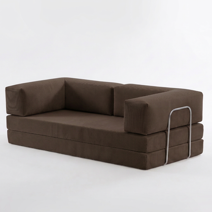 Slaapbank Fluffy in het bruin als sofa, hoekaanzicht op witte achtergrond