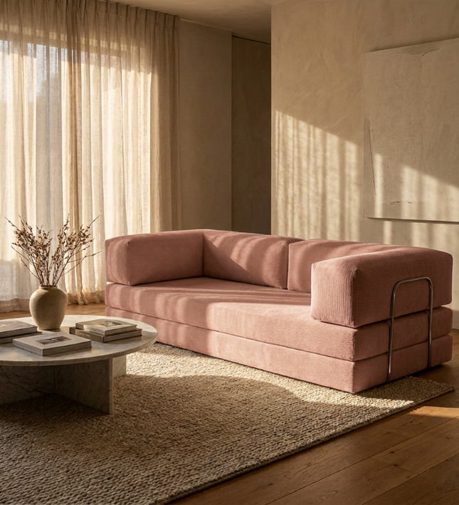 Slaapbank Fluffy in oud roze, sfeerbeeld in warm ingerichte woonkamer