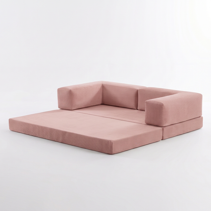 Slaapbank Fluffy in oud roze, hoekaanzicht op donkere studioachtergrond