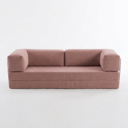 Slaapbank Fluffy in oud roze, recht vooraanzicht als bank