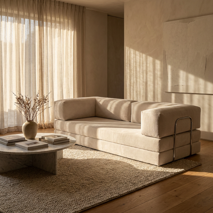 Slaapbank Fluffy als sfeerbeeld in een warm ingerichte woonkamer