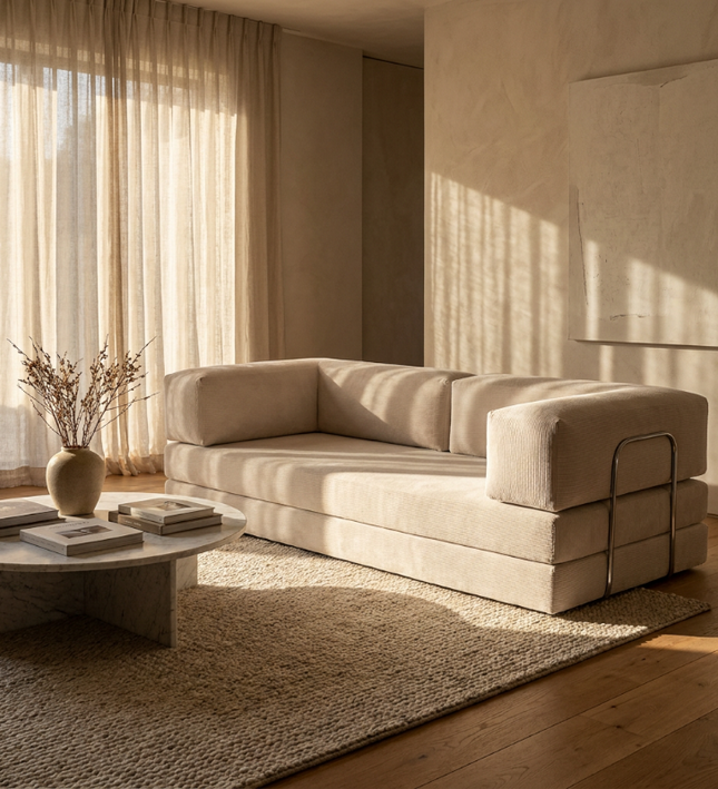 Slaapbank Fluffy als sfeerbeeld in een warm ingerichte woonkamer